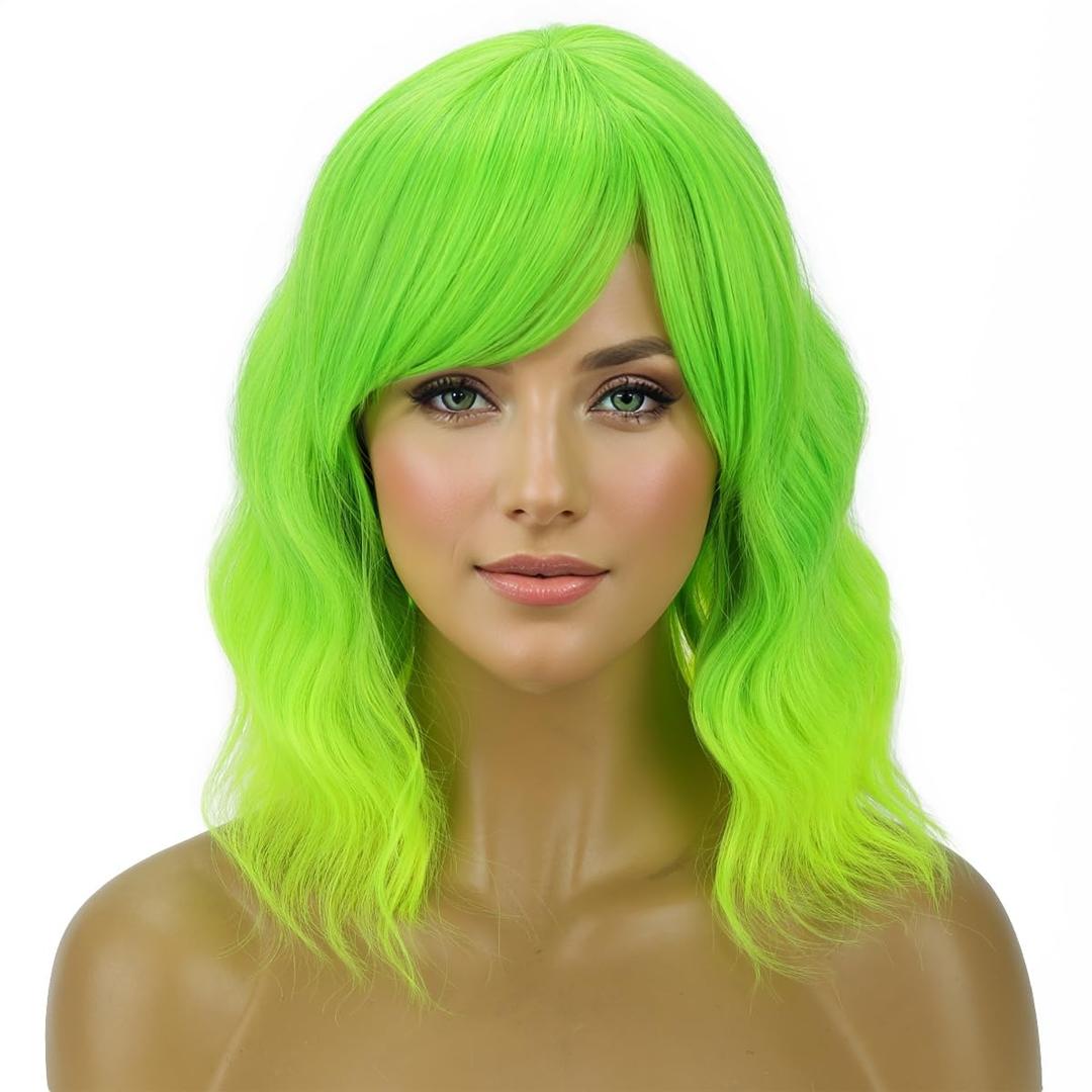 PATTNIUM Lime Green Wig Short Wavy Fluorescent Green Wigs for Women Girls Green Wig with Bangs Synthetic Wigs