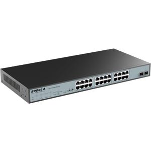 SODOLA 24 Port 2.5Gb Umanaged Switch, 24X2.5G Base-T Ports, 2X10G SFP, 160Gbps Switching Capacity, Port Isolation, / IU Rack-Mount/ Fanless/ Plug & Play Multi-Gig Unmanaged Ethernet Switch