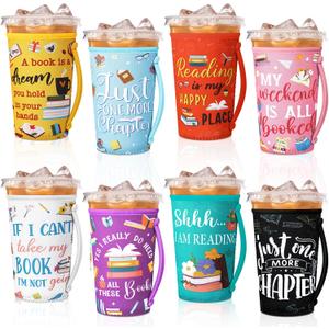 Meanplan 8 Pcs Book Club Gifts Bulk Book Lover Gifts Iced Coffee Sleeve for Iced & Hot Drinks Cold Beverage Cooler Compatible Coffee Accessories for Bookworm Teacher Librarian