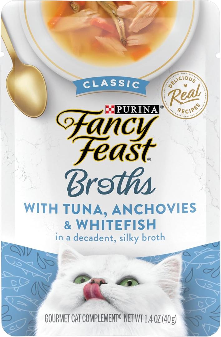 Purina Fancy Feast Lickable Wet Cat Food Broth Topper Classic With Tuna, Anchovies and Whitefish - (Pack of 16) 1.4 oz. Pouches (EXP 03/31/26)