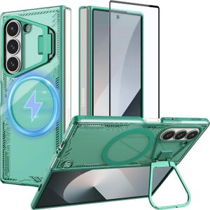 Nillkin [New Material for Samsung Galaxy Z Fold 6 Case, Built-in HD Screen Protector & Adjustable Camera Kickstand, Slim Clear Magnetic Phone Case for Samsung Galaxy Z Fold 6, Green