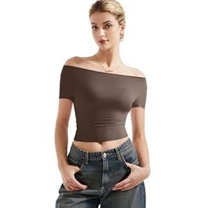 SUUKSESS Women Off The Shoulder Short Sleeve Tops Trendy Cowl Neck Going Out Basic T Shirt (Brown, S)