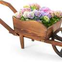 Wooden Wagon Flower Planter Cart Garden Planter Box with Wagon Wheels Cart for Home Garden Outdoor Balcony Decorative, Patio Flowers Herbs Vegetables, Brown(Rustic)
