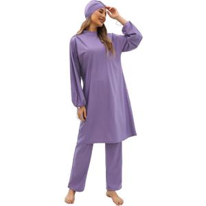 Women Muslim Swimwear Islamic Modest Swimsuit 3 Pieces Full Cover Hijab Long Sleeve Burkini Top Dress + Pants (Medium, Purple)