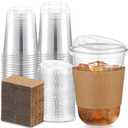 Baderke 50 Sets Clear Plastic Coffee Cups with Sip Lids and Cup Sleeve, Disposable Clear Pet Cups for Iced Coffee Cold Beverage, Shops and Party Catering (16 oz) (EXP 02/04/26)