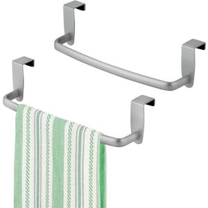 mDesign Steel Metal Wire Over Cabinet Towel Rack Storage Organizer - Hang on Cabinet or Door - Towel Bar Holder for Kitchen - Holds Hand Towels, Washcloths - Spira Collection, 2 Pack, Silver