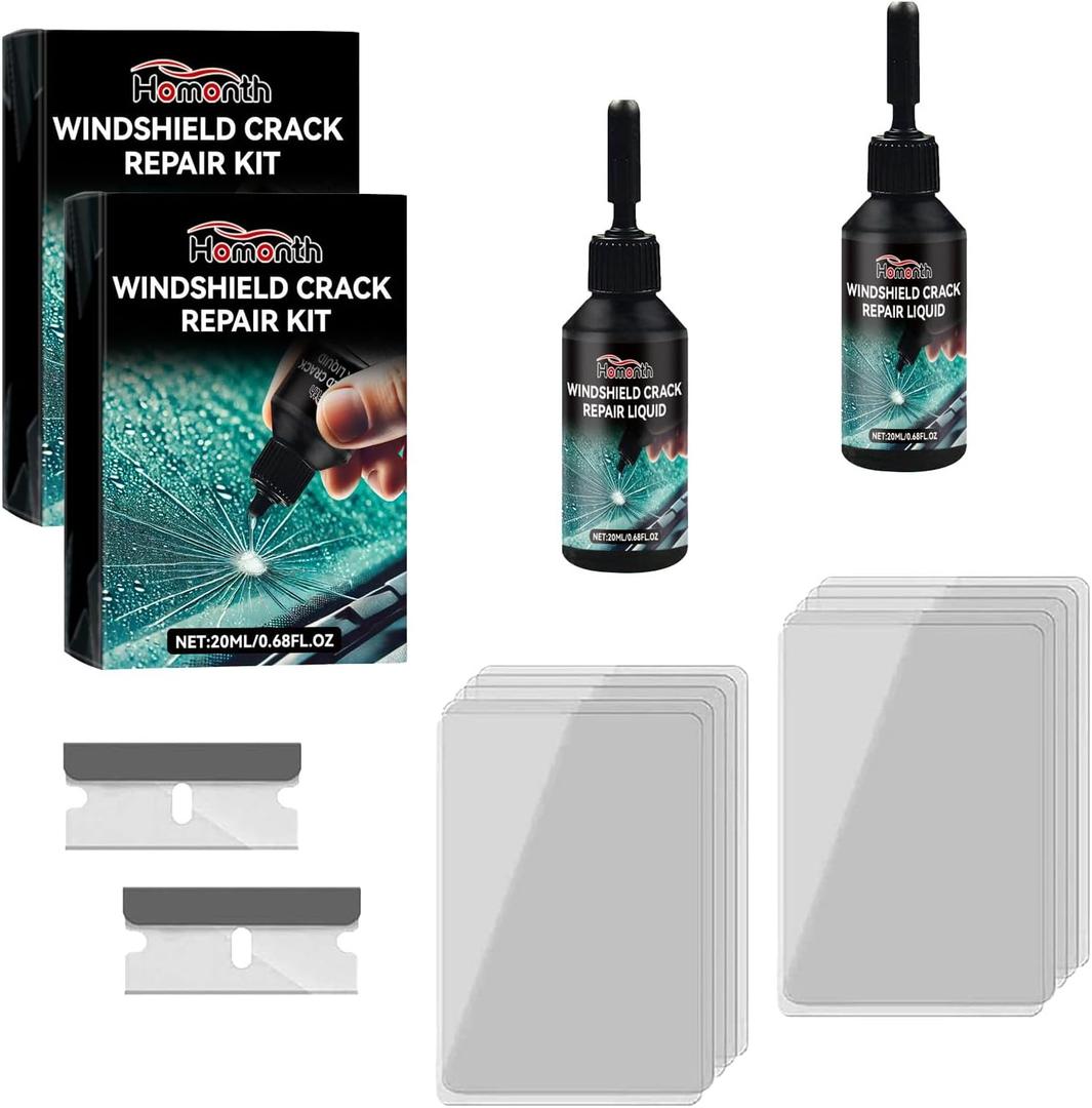 2 Pack Windshield Repair Kit - Professional Glass Chip & Crack Repair Liquid for All Types, Fast Fix for Windshield, Windows, Mirrors & Glasses, Easy DIY Application Kit (2xBlack Bottle)