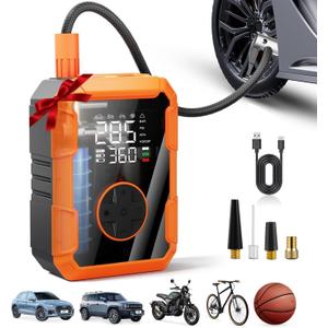 Portable Air Pump for Car Tires, 150 PSI Tire Inflator Cordless with LED Light, Rechargeable Auto Shut-off Air Compressor 2X Fast Inflation Tire Pumps for Car Bike Motorcycle Ball, Christmas Gift (Black&orange)