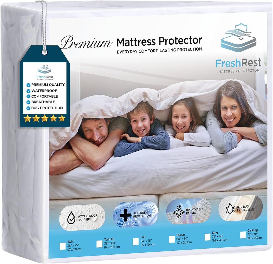 FreshRest Queen Mattress Protector Encasement, 100% Waterproof Bed Cover |Six-Sided,Hypoallergenic,Washable Bedding with Bedbug Protections for Dust Mite,Wetting & Water Proof Covers (Cubre Colchones)