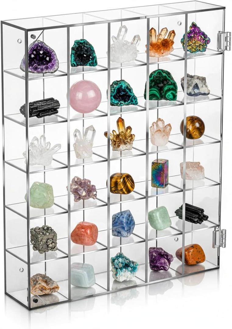 Adjustable Rock Display Case, 30 Grid Clear Acrylic Crystal Display Case with Lid Mineral Stones Collection Box with Mirrored for Rocks, Gemstones, Collectibles