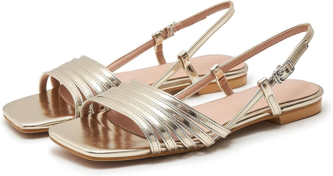 Women's Strappy Flat Sandals Open Square Toe Slingback Gladiator Flats Sandal Summer Vacation Dressy Beach Shoes (6, Gold)