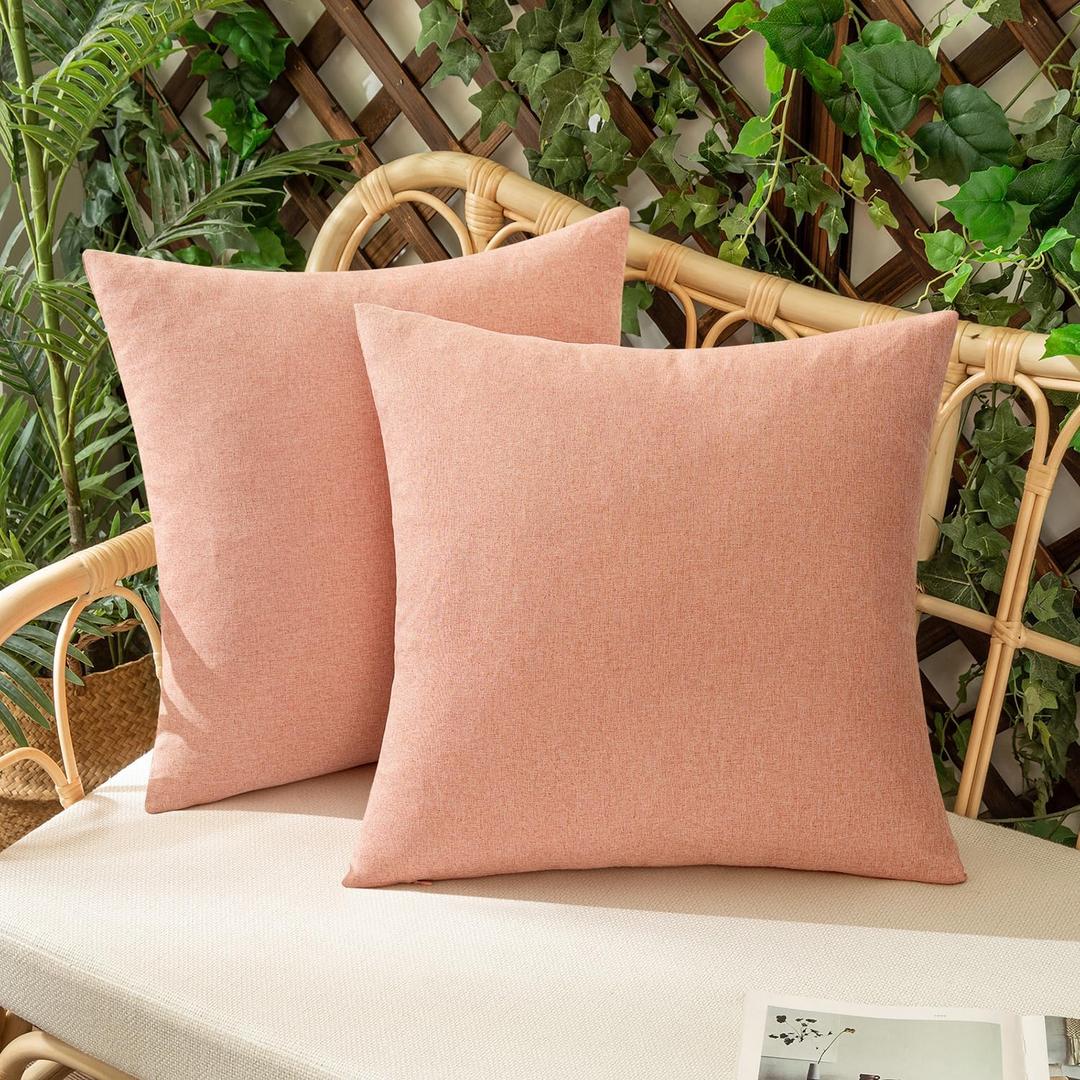 Woaboy Set of 2 Blush Pink Outdoor Waterproof Throw Pillow Covers Decorative Farmhouse Linen Pillowcases Solid Cushion Cases for Spring Patio Bedroom Livingroom Sofa Chairs 16x16 Inch