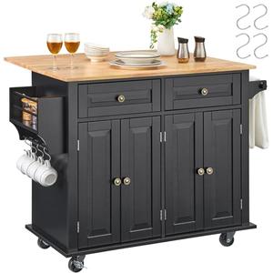 VEVOR Kitchen Island Cart, 35" Wood Top Mobile Carts with Storage Cabinet, Rolling Table with Drop Leaf, Spice Rack, Towel Bar, Adjustable Shelf, Drawer, and Hooks, Portable Islands on Wheels, Black