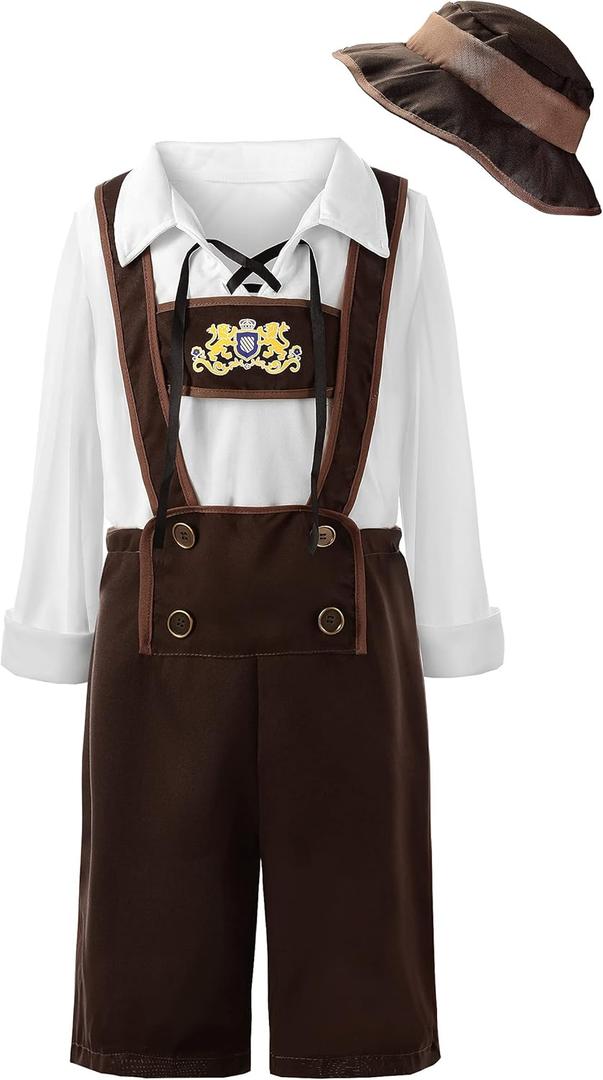 JerrisApparel Boys Oktoberfest Costume Halloween Cosplay Lederhosen Beer Festival Suit (7-8 Years, Brown)