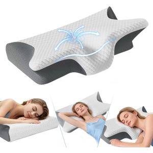 2025 Upgrade Neckhaven Pillow, Neckhaven Pillow Hospitality Collection, Memory Foam Ergonomic Cervical Neck Pillows with Cooling Cover for Neck Pain Relief Side Back Stomach Sleeper (White Grey)