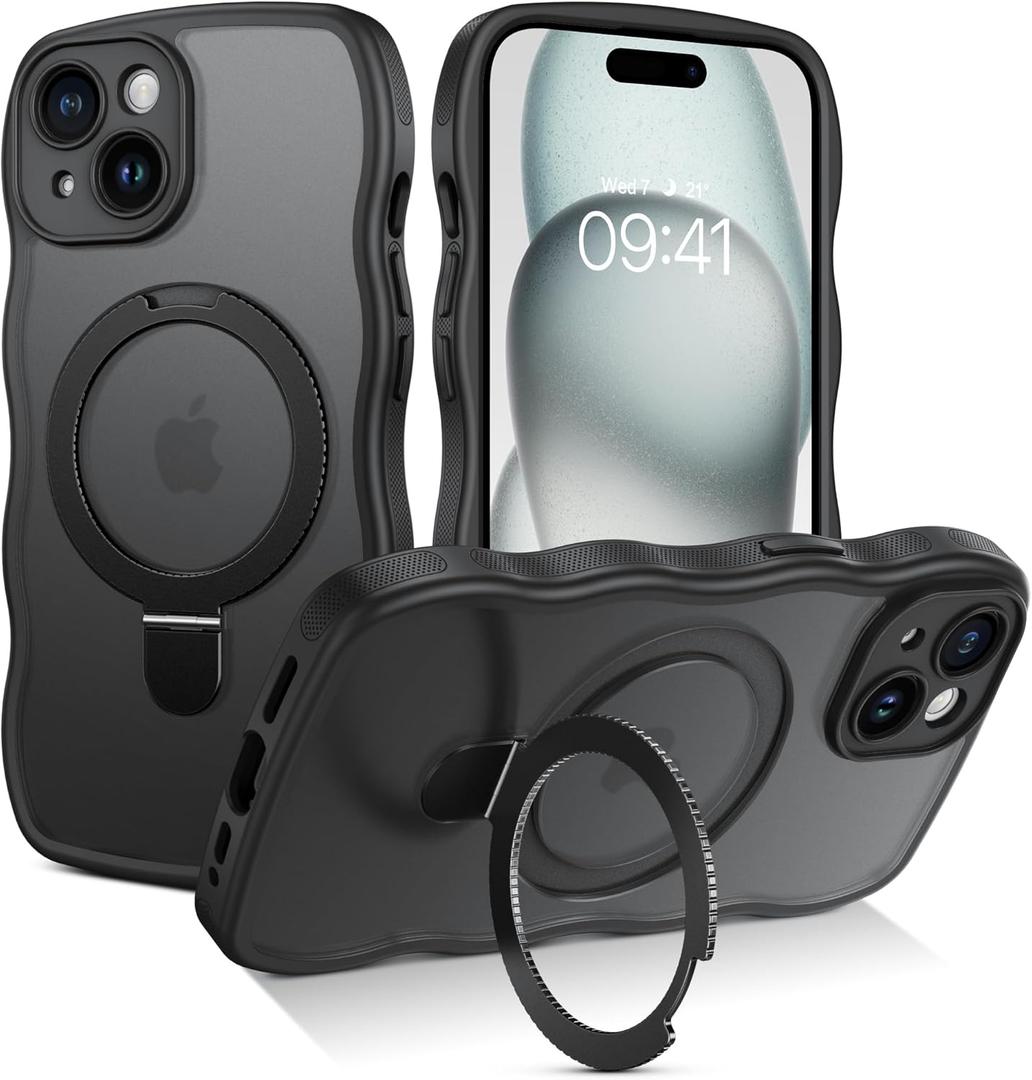BENTOBEN Magnetic for iPhone 15 Case with Invisible Stand, [Curly Wave Edge] [Compatible with Mag-Safe] Slim Translucent Matte Shockproof Protective Cover Case for iPhone 15 6.1", Black