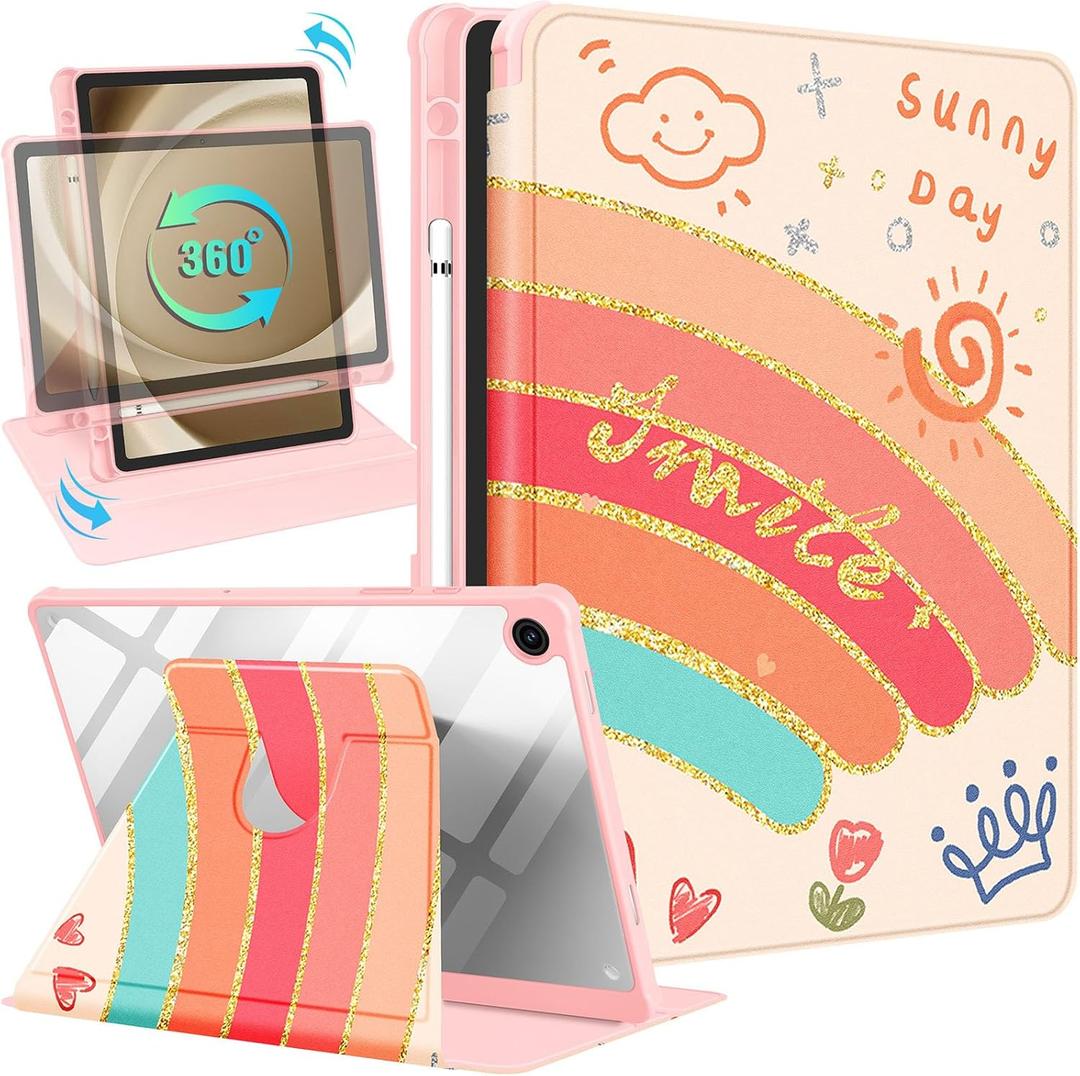 Kidcube for Samsung Galaxy Tab A9 Plus Case 11 Inch for Women Girls Cute Folio Cover with Pencil Holder Rainbow Design Kawaii Girly Rotating Stand for Tab A9+ Plus Tablet Case SM-X210/X216/X218