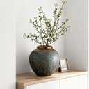 Ceramic Flower Vase, Rustic Farmhouse Flower Vase with Bronze Rim