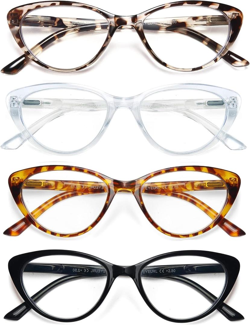 EYEURL 4-Pack Reading Glasses for Women-Cat Eye Blue Light Blocking Fashion Reader mit Spring Hinge,Anti-Glare Cat Eye Reading Glasses for Women,0.75