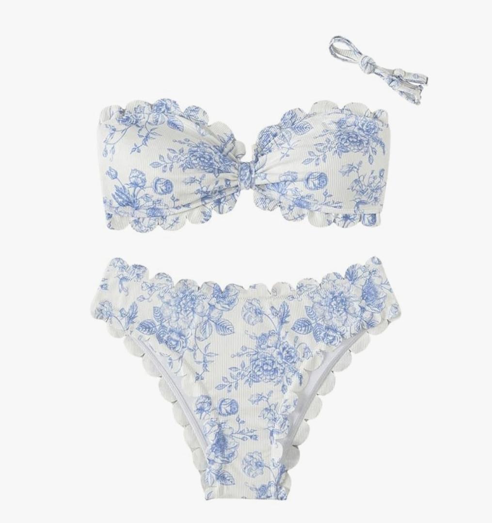 SHENHE Women's 2 Piece Bandeau Bikini Sets Floral Print Scalloped Boho Strapless Swimsuits M