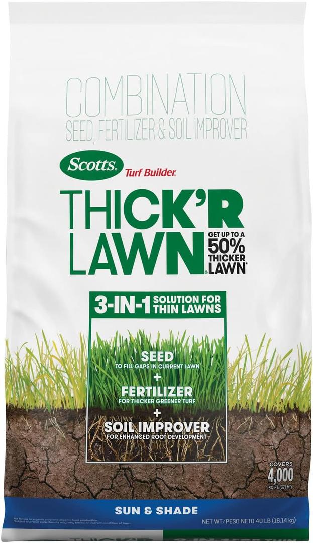 Scotts Turf Builder Thick'R Lawn Sun and Shade - Combination Grass Seed, Lawn Fertilizer and Soil Improver, Thickens Thin Grass, Covers 4,000 sq. ft., 40 lb. (EXP 08/03/26)