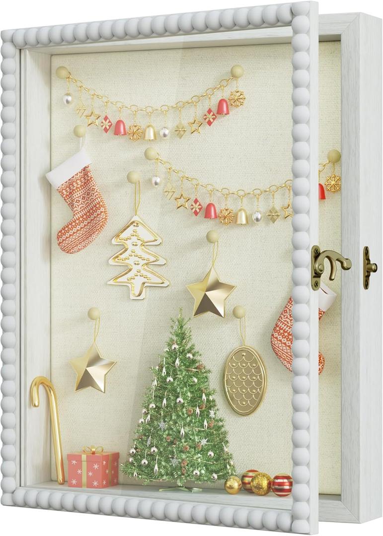 Love-KANKEI Shadow Box Frame 11x14, Deep Large Shadow Box Display Case with Unique Beads Door and Glass Window, Wood Memory Box for Pictures,Medals,Memorabilia,Collections White
