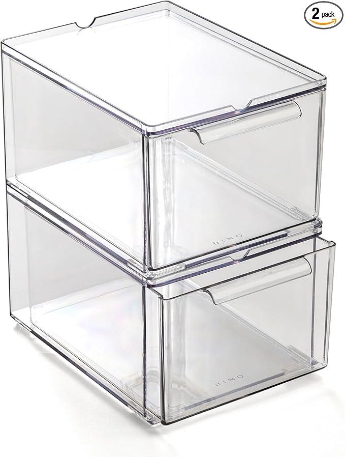 BINO | Clear Stackable Storage Drawers, Medium - 2 Pack | Clear Storage Drawers with Built-In Handles | Durable Plastic Organizer Drawer | Modular Stackable Drawer Acrylic Organizer