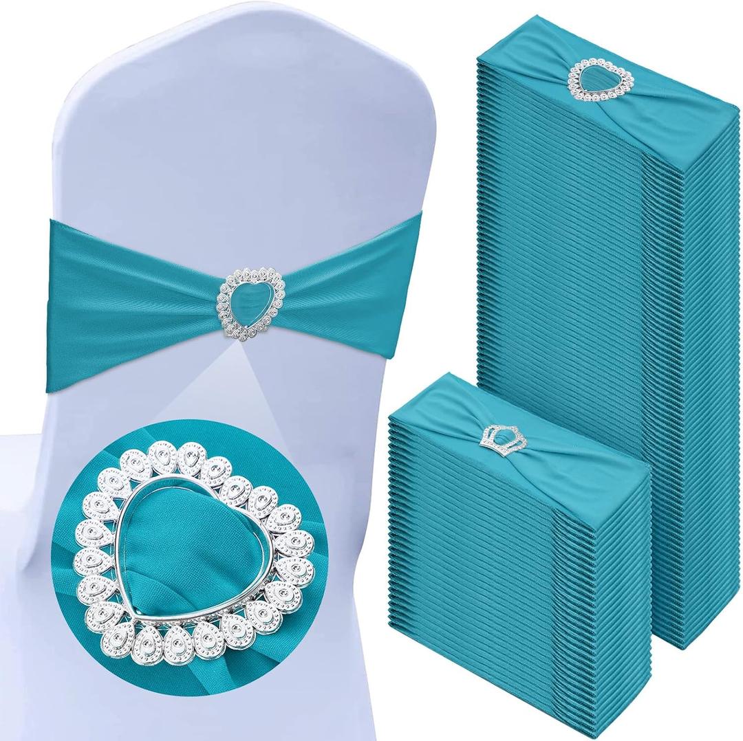 VitalCozy 100 Pcs Spandex Chair Sashes with Heart Shaped Buckle Slider Stretch Chair Cover Band Universal Elastic Ties for Wedding Banquet Event Party Decoration(Turquoise)