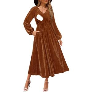 Women's Nursing Long Sleeve V Neck Velvet Maxi Dress Flowy Wedding Party Dresses with Pockets (Brown)