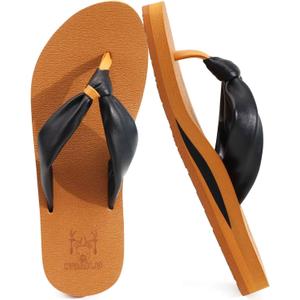 KuaiLu Womens Flip Flops With Arch Support Comfortable Yoga Mat Cushion Thong Leather Sandals for Ladies Fashion Slip On Summer Beach Walking Slides Indoor Outdoor Travel Orthotic Slippers