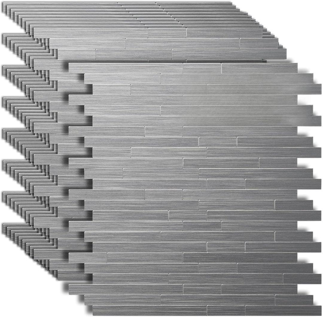 Art3d 10-Pack Self-Adhesive Metal Backsplash Peel and Stick Tile for Kitchen, 12" x 12" Silver Parallel