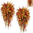 2 PCS Artificial Fall Hanging Basket Decor, Faux Autumn Persian Grass & Morning Glory Arrangement, UV Stable Artificial Florals for Porch Outdoor Autumn Display