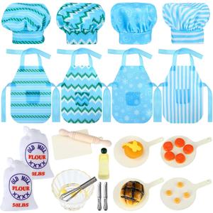 3 x Kajaia 30 Pcs Christmas Elf Outfits for Kids Xmas Kitchen Cooking Clothes Accessories Include Blue Baking Apron and Hat Mini Baking Props Set for Boys, Girls, Dollhouse, Christmas Clothes and Gift