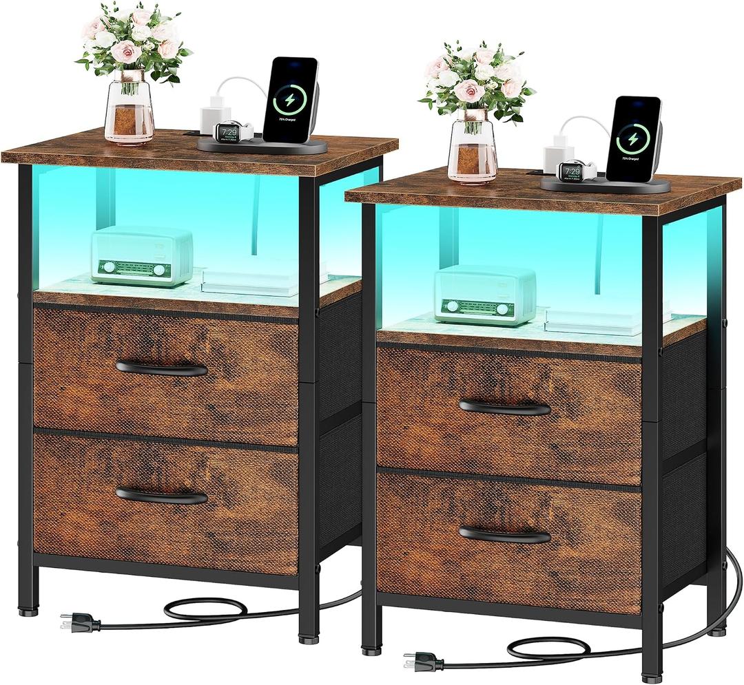 Vagusicc Nightstands Set of 2 Charging Station, End Tables with LED Lights, Bedside Table with 2 Fabric Drawers & Storage Shelves, 24.2" Tall Side Table Night Stand Set 2 for Bedroom, Rustic Brown, 2 Pieces