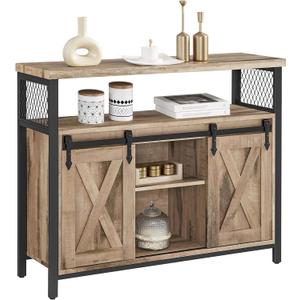 VASAGLE Buffet Cabinet, Coffee Bar Storage Cabinet, Sideboard with 2 Sliding Barn Doors, Adjustable Shelves, 13 x 39.4 x 31.5 Inches, for Living Room, Camel Brown and Ink Black ULSC092B50