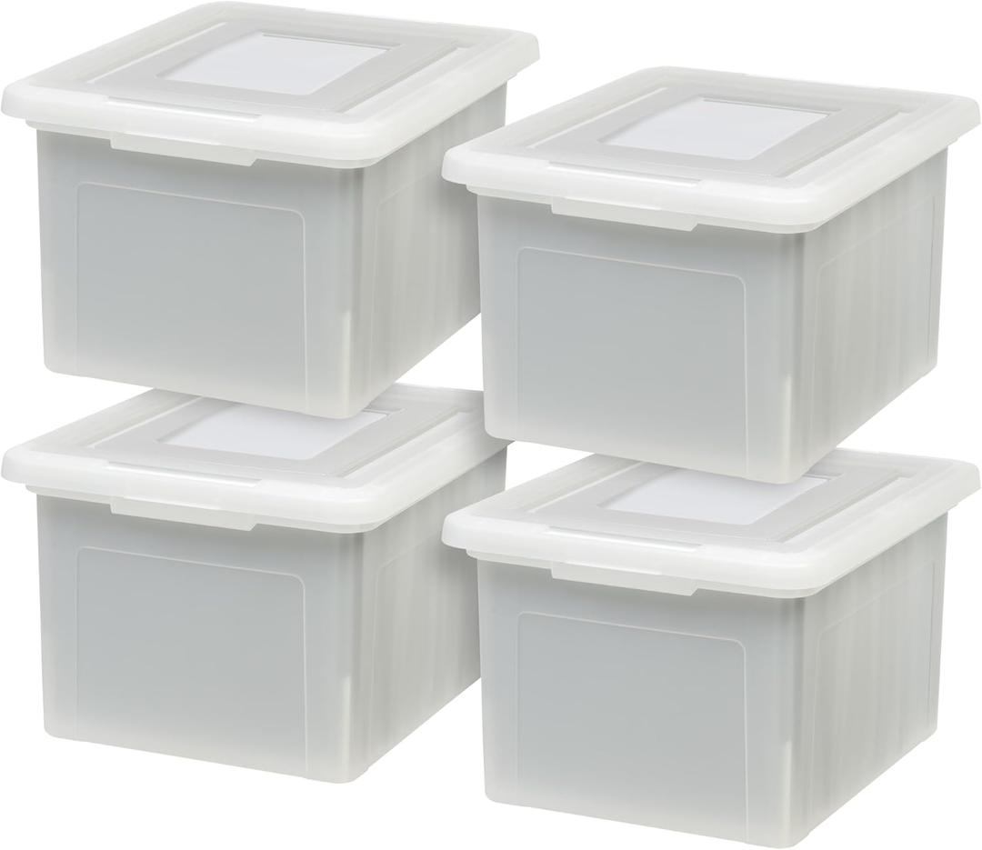 IRIS USA File Box with Lid, File Storage Box for Letter Size Documents, Portable Plastic File Box, Stackable Nestable Organizer, 35 Qt, 4 Pack, Pearl