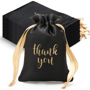 Sieral 50 Pcs Thank You Satin Gift Bags with Drawstring Jewelry Candy Pouches for Valentines Easter Wedding Baby Shower Birthday Holiday Party Thank You Bag for Gift Wrap(Black, Gold,5 x 7 Inch)