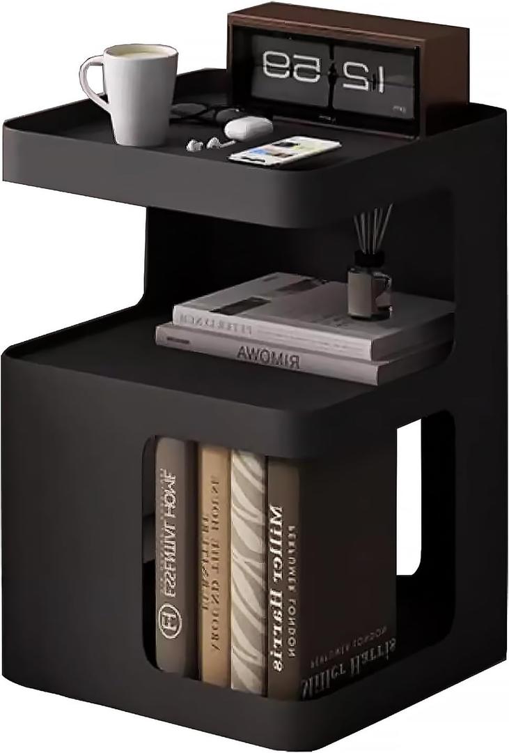 Black Side Table,Modern end Table for Sofa & Couch,3-Tier Metal nightstand,Small Bedside Table with Storage for Bedroom,Living Room,Small Space.No Assembly Required