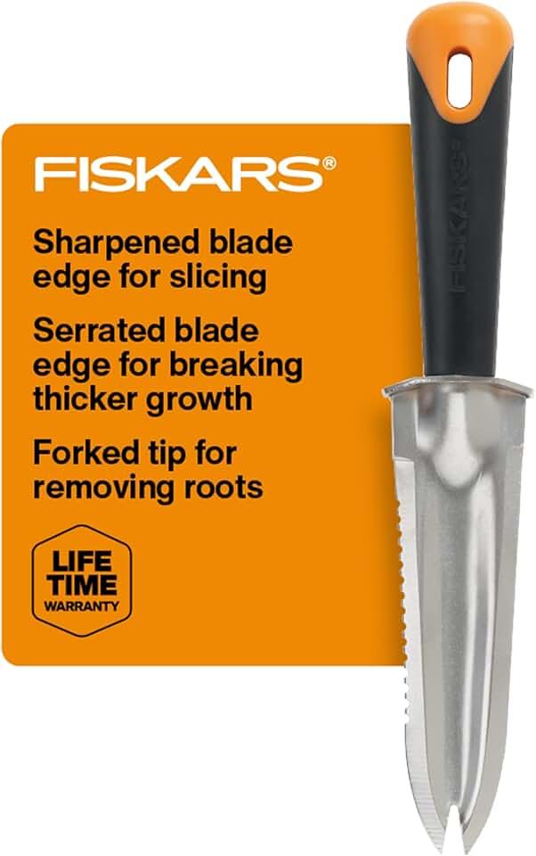 Fiskars Steel Garden Knife,Extra -Large Grip  Multi-Purpose Weed Puller Gardening Tool for Planting, Weeding, Digging, and Cultivating with Hanging Hole