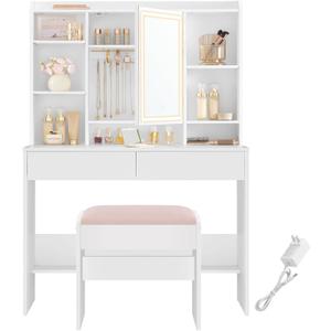 VASAGLE Vanity Desk with Mirror and Lights, Makeup Vanity with Upholstered Vanity Stool, Dimmable LED Lights, Adjustable Shelves, 7 Compartments, 2 Drawers, for Bedroom, Cloud White URDT131W01