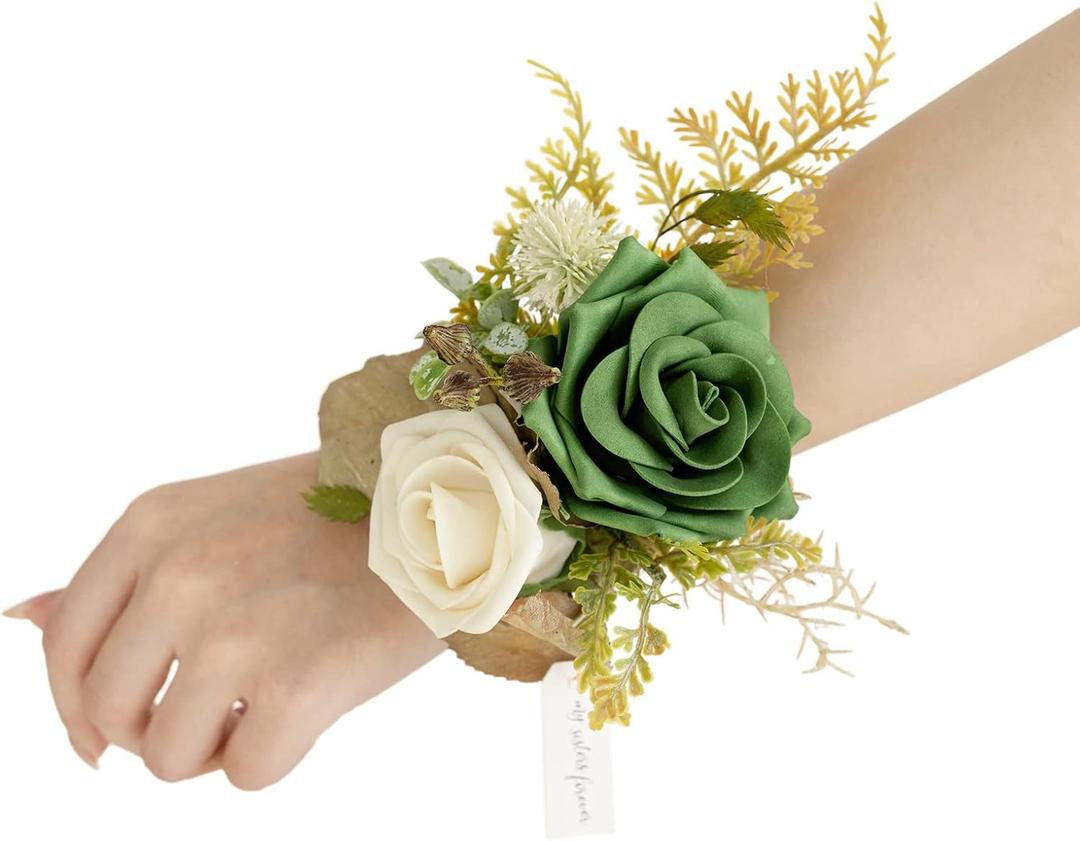 Ling's moment 6pcs Wedding Wrist Corsage Artificial Flowers, Girl/Mother Homecoming Prom Corsages Wristlet Dcor, etc. Emerald Green Sage