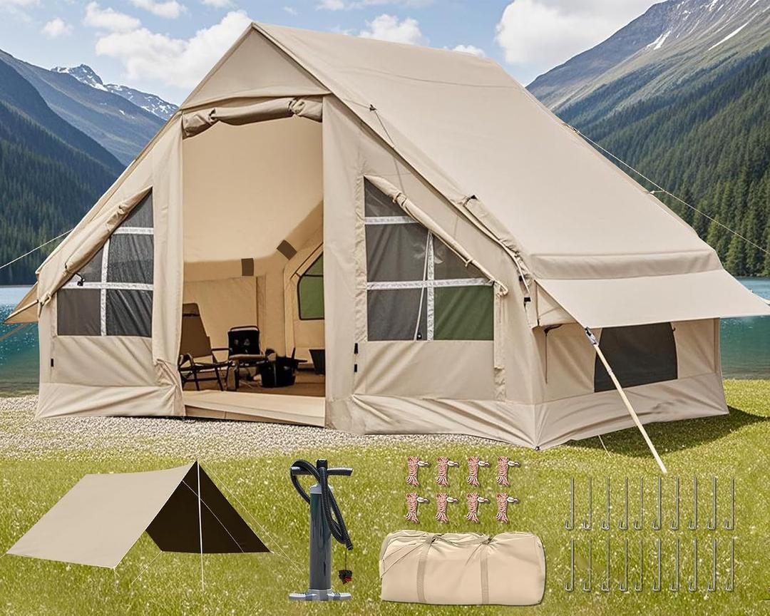 Inflatable Camping Tent,2/4/6/8 Person Glamping Inflatable Tents with Awning, Quick Setup Blow Up Tents with Pump, Waterproof Oxford Inflatable House for Camping, Air Glamping Hot Tents for Adult, 4-6 Person /Beige