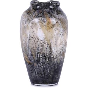 Murano Style Glass Vase, Hand Blown Decorative Art Vase with Ruffled Opening for Flowers, Shelf Tabletop Mantel Display, Abstract Home Decor for Living Room Bedroom
