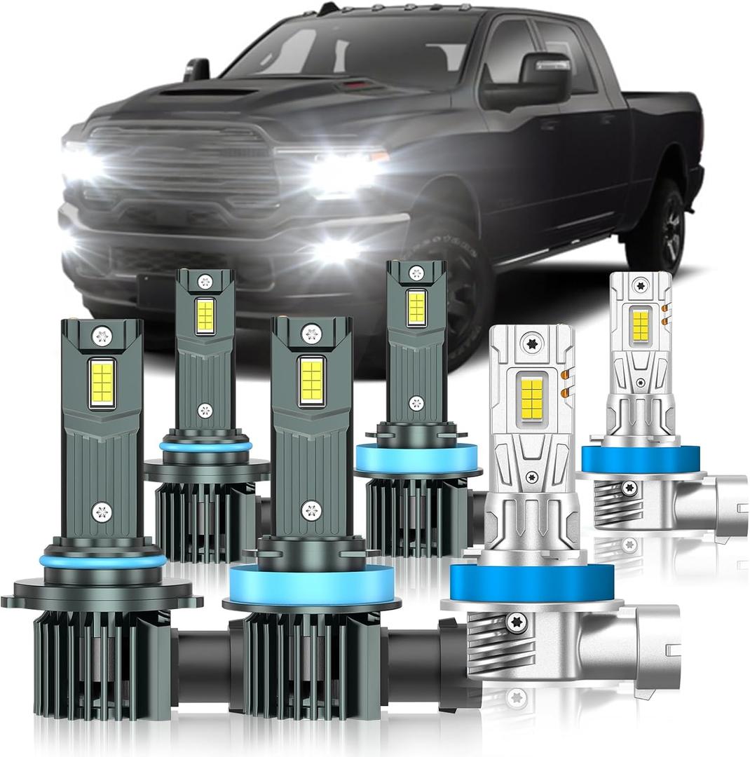 Fit for Dodge Ram 1500 2500 3500 2019-2025(without Projector Version) Light Bulbs, High/Low Beam Fog Light Bulbs Combo, 800% Brightness, 6000K Cool White, Plug and Play, Pack of 6
