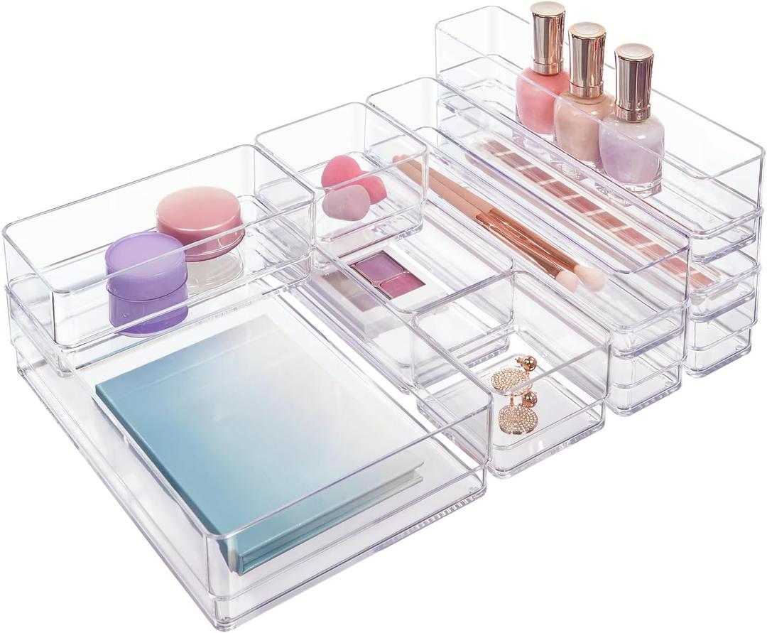STORi SimpleSort 10-Piece Stackable Clear Drawer Organizer Set | Multi-size Trays | Makeup Vanity Storage Bins and Office Desk Drawer Dividers 