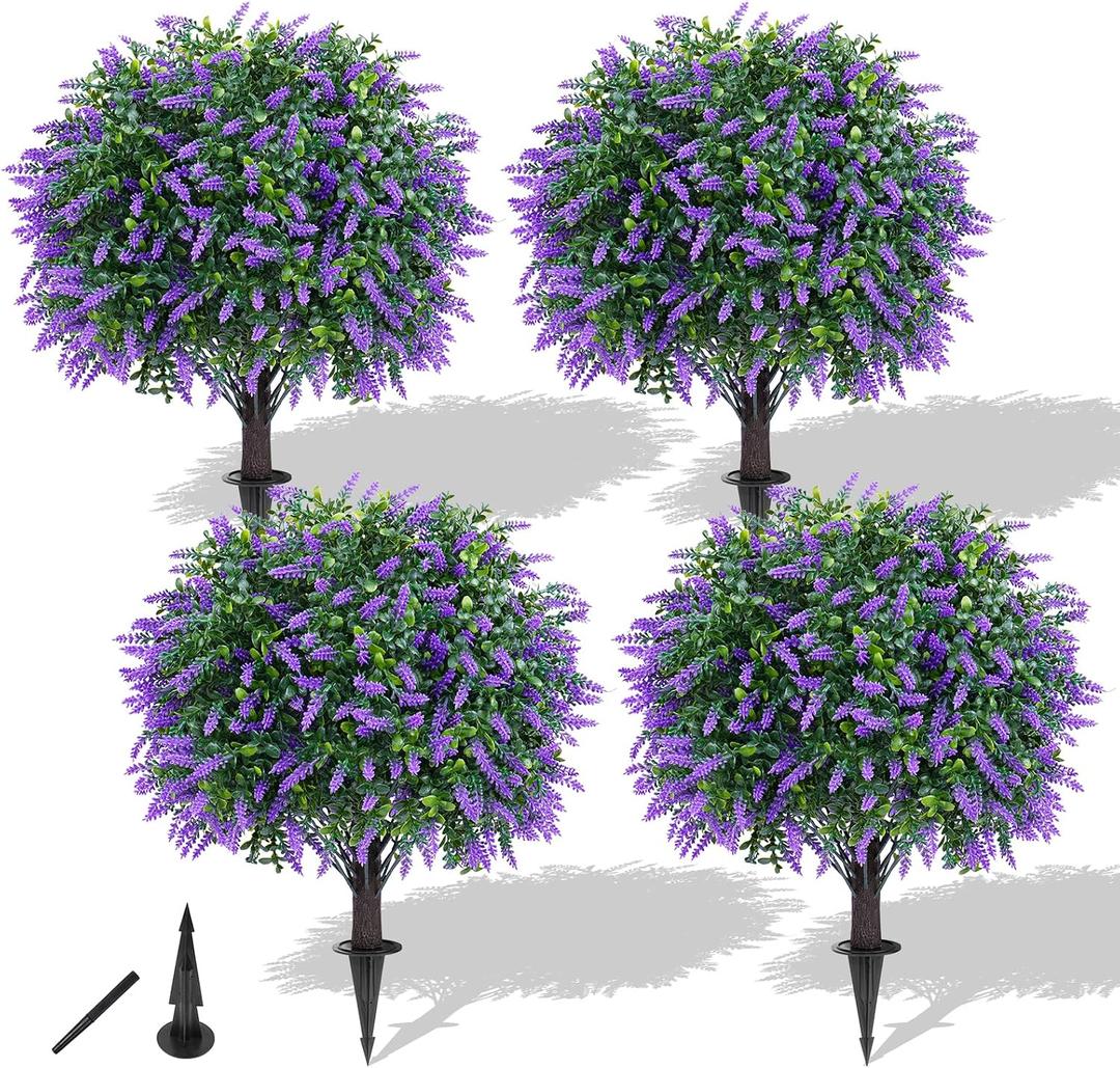 Yangrass 4Pack Fake Lavender Topiary Ball with Boxwood Leave & Ground Spike