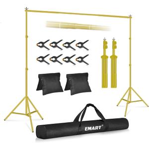 EMART Backdrop Stand 10x7ft(WxH) Photo Studio Adjustable Background Stand Support kit with 2 Crossbars, 8 Clamps, 2 Sandbags and Carry Bag for Parties, Events Decoration, Wedding -Titanium Gold