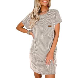 Acelitt Women's Casual Summer Dresses 2025 Fashion Crewneck Short Sleeve Trendy Loose Vacation Beach Ribbed Shift Mini T Shirt Dress Beige 2 Small