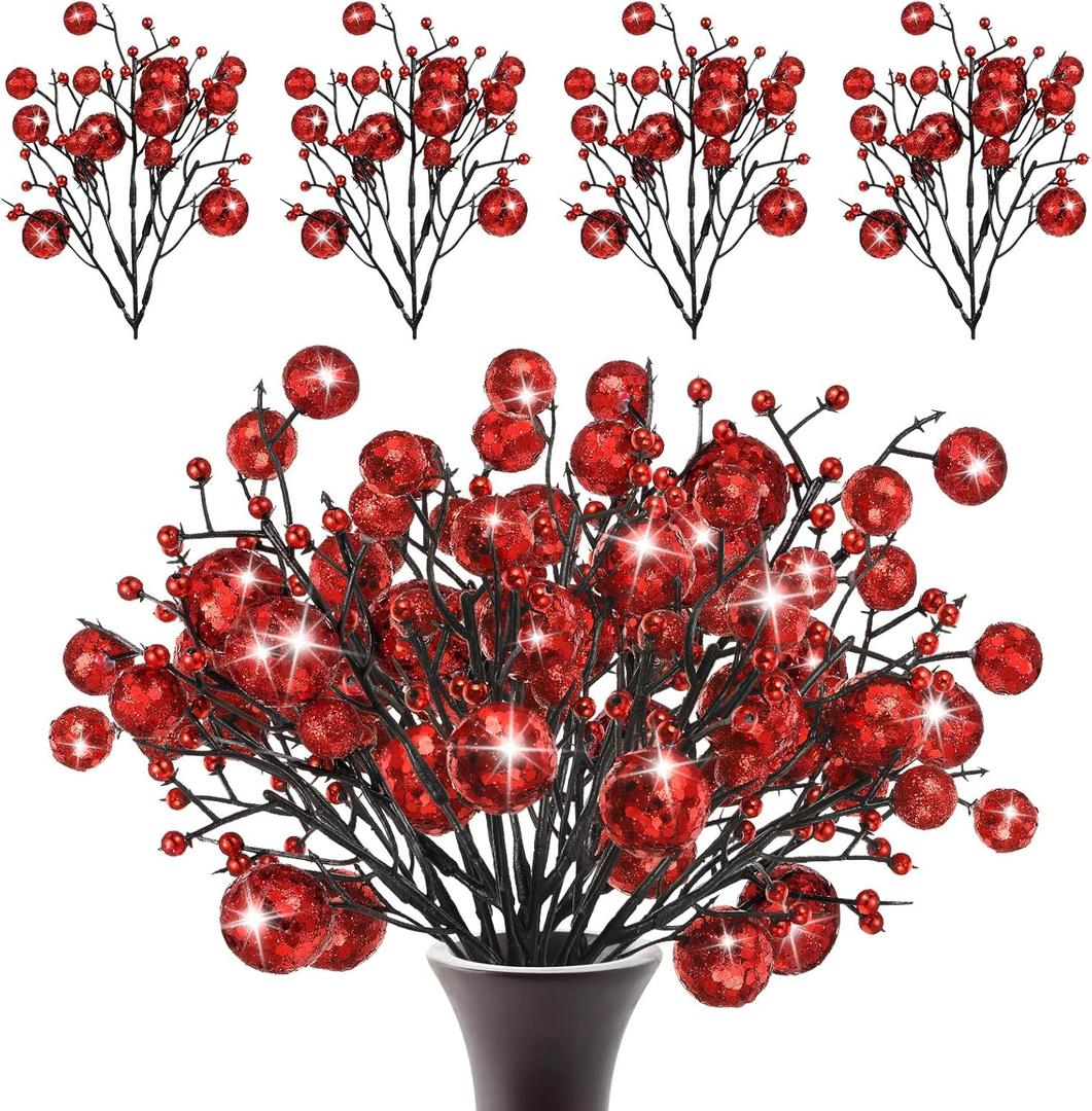 Geosar 24 Pieces Christmas Glitter Berries Stems 10 Inch Christmas Berry Picks Artificial Glittered Berries Ornaments Floral Stems for Xmas Tree,Home Wreath,Party Decoration(Red)
