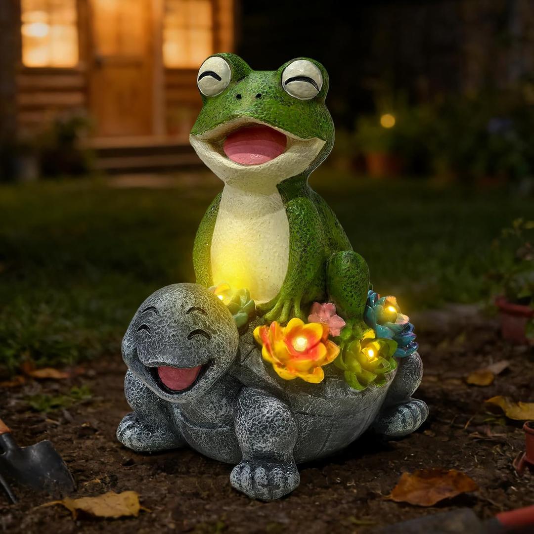 Solar Garden Statues, Cute Smiling Animal Outdoor Decor with 8 Bright LED Lights for Patio Yard Balcony Perfect Mothers Day Birthday Housewarming Garden Gift (Green Frog - Stone colored Turtle)